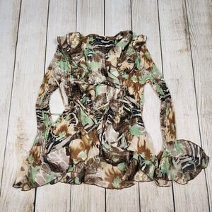 VTG Caelian Ruffle top‎ Sheer Y2K Tie Front Green Brown Small FAIRYCORE